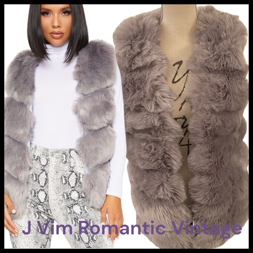 J Vim Romantic Vintage Grey Faux Fur Open Front Vest (S)